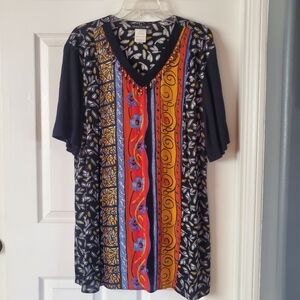 Vintage Carol Little Tunic Multi Pattern V-neck Beaded Hippie Bohemian Pullover